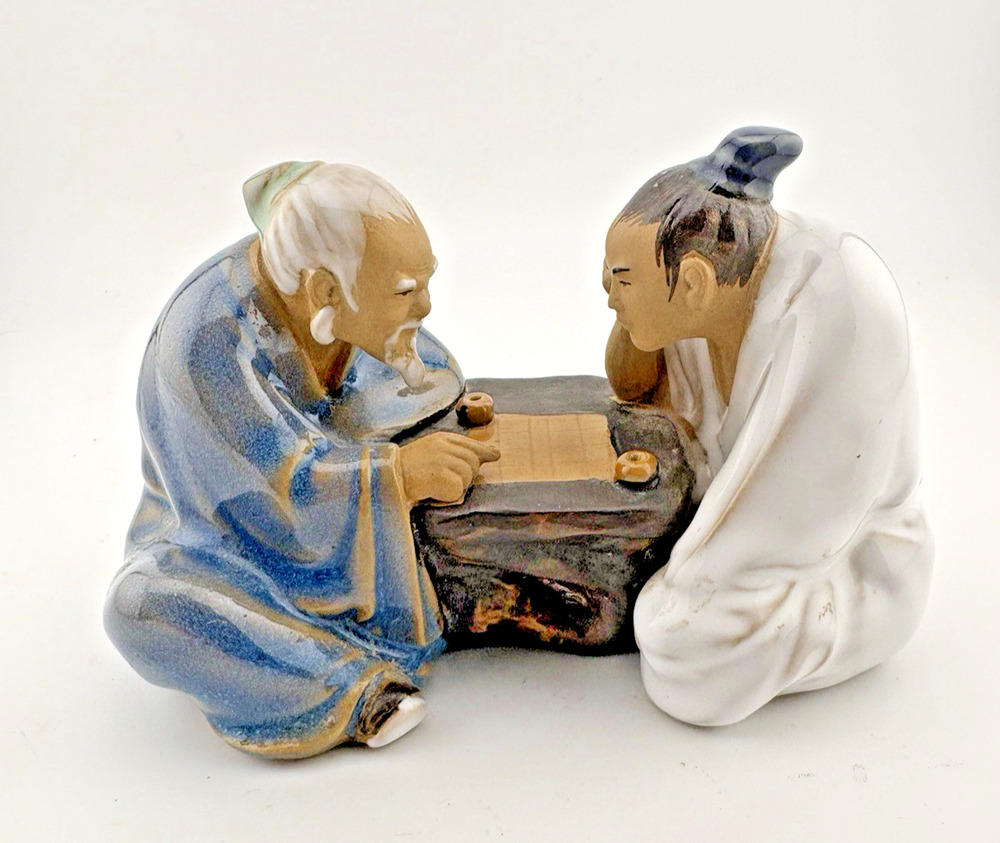 Vtg Siawan Shiwan Mudman Chinese Pottery Figurine Men Playing Game Go 5"x3"